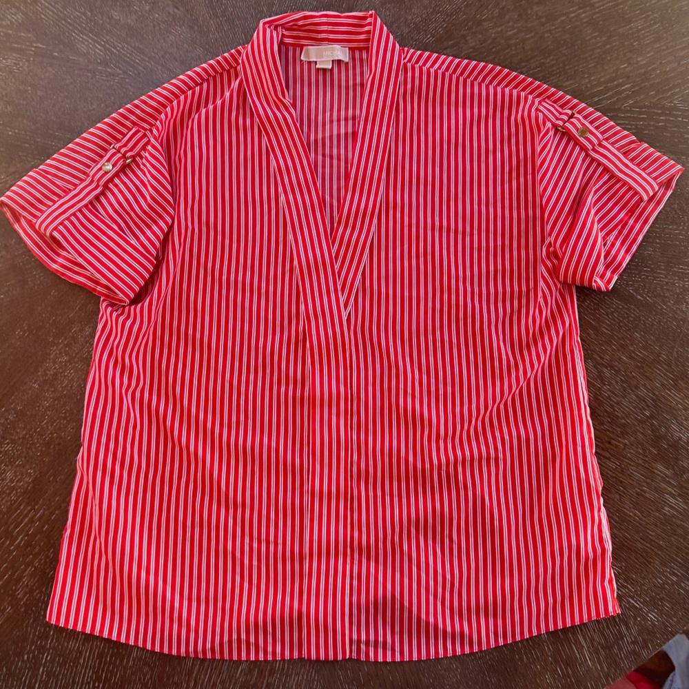 Michael Kors Red and White Striped Short-Sleeve Button-Down Shirt